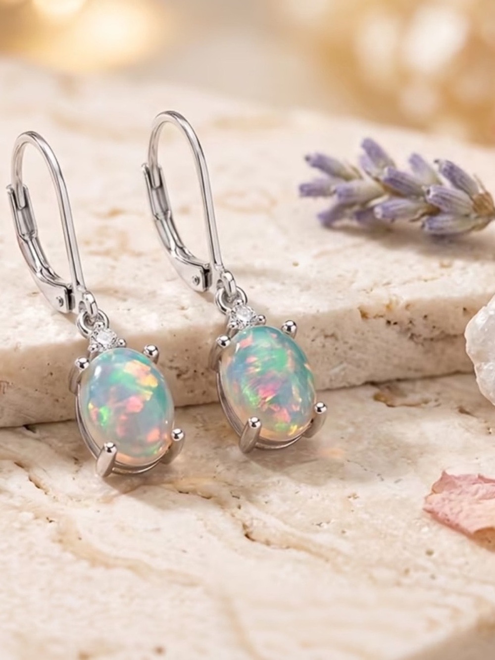 Sterling Silver Opal Drop Earrings - Iridescent White Opal